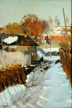 Russian Spring in the Village, 1959 (oil on board)