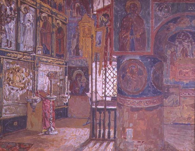 Interior of the Church of the Assumption in the village of Volotov, near Novgorod, 1911 (tempera on cardboard)