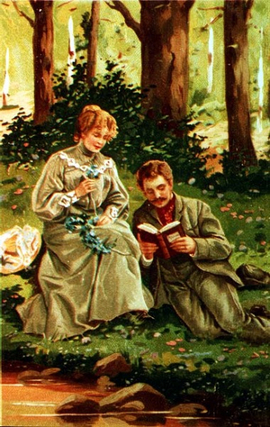 Man reading to a woman as she sews, greeting card, c.1900