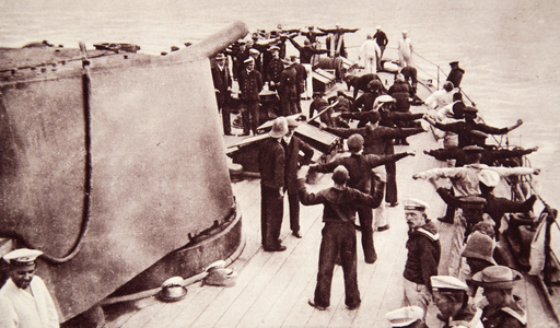 Including Captain von Muller and Prince Francis Joseph: 'Emden' prisoners on a British war-ship (the men exercising), from 'The Illustrated War News' (sepia photo)