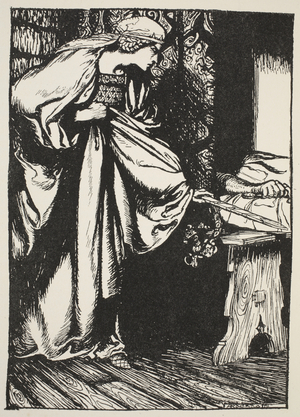 Morgan le Fay's treason, illustration from 'The romance of King Arthur and his knights of the Round Table' by Alfred W. Pollard, 1910 (litho)