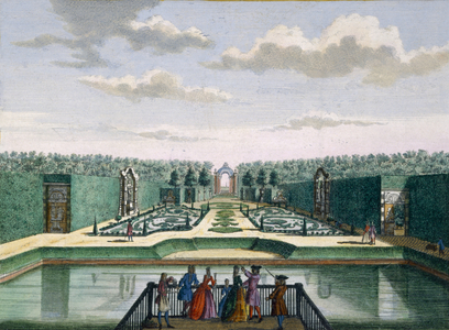 View of the parterre and triumphal arch, Meerestein, from 'Het Zeganpralent Kennemerlant' by Hendrick de Leth and Matthias Brouerius Van Nidek, published c.1700-1730 (coloured engraving)