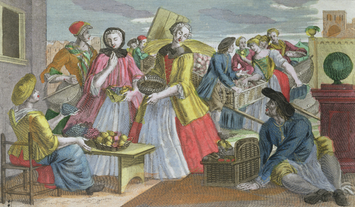 The Fruit Market (coloured engraving)