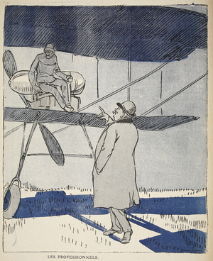 Discussion Under the Wing of a Plane, illustration from 'L'assiette au Beurre: L'ecole des Pigeons', 11th February 1911 (colour litho)