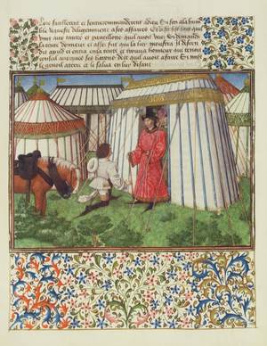 Ms. 2597 Desire kneels in front of Honour imploring the help of Heart, facsimile edition of 'Livre du Coeur d'Amours Espris' by Rene d'Anjou (colour litho)