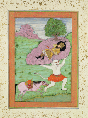 The White Demon carrying off the sleeping Rustam, illustration from the 'Shahnama' (Book of Kings), by Abu'l-Qasim Manur Firdawsi (c.934-c.1020), the Large Clive Album