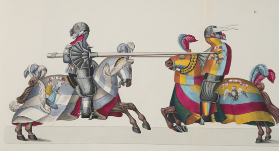 Two knights at a tournament, plate from 'A History of the Development and Customs of Chivalry', by Dr. Franz Kottenkamp, published by Carl Hoffmann, 1842 (colour litho)
