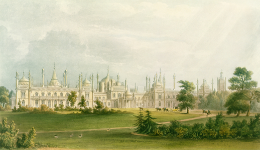The West Front, from 'Views of the Royal Pavilion, Brighton' by John Nash (1752-1835), 1826 (aquatint)
