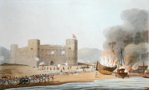 The Attack on the Fort of Luft, November 27th 1809, from 'Sixteen Views of Places in the Persian Gulph, taken in the Years 1809-10 illustrative of the Proceedings of the Forces employ'd on the expedition sent from Bombay', engraved by I. Clark, published 1813 (aquatint)