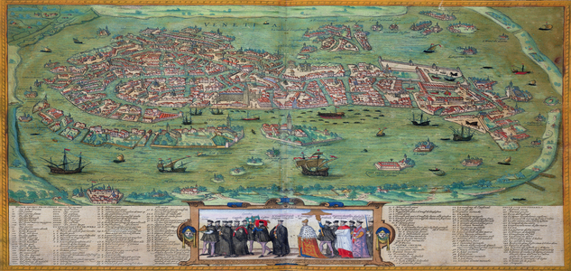 Map of Venice, from 'Civitates Orbis Terrarum' by Georg Braun (1541-1622) and Frans Hogenberg (1535-90), c.1572 (coloured engraving)