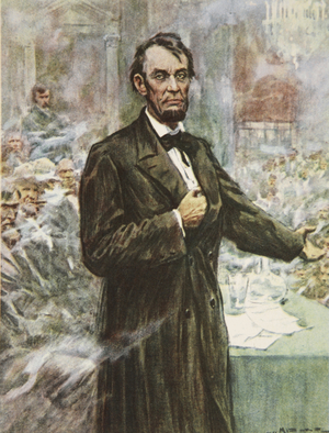Abraham Lincoln, the great Emancipator, illustration from 'This Country of Ours, The Story of the United States' by H.E. Marshall, 1917 (colour litho)