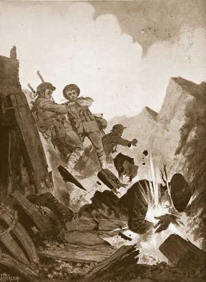 Second Lieutenant A.V. Smith throws himself on a live bomb, sacrificing his life for his comrades (litho)