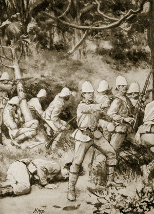 Fighting a road through the forest on the way to Coomassie (litho)