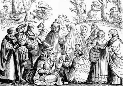 Gipsies fortune telling, after a woodcut in 'Cosmographie Universelle' of Munster, published 1552 (litho) (b/w photo)