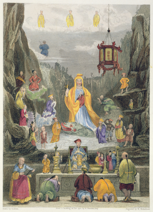 Altar Piece in the 'Yun Stzoo Stzee' Temple, Ting-Hai, engraved by W. Wetherhead (engraving)