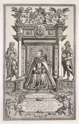 Queen Elizabeth I (1533-1603) as Patron of Geography and Astronomy, Frontispiece to a book of Saxon Maps of England, 1579 (engraving)