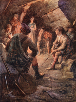 Armed Highlanders sit around the fire and make plans for Bonnie Prince Charlie (colour litho)