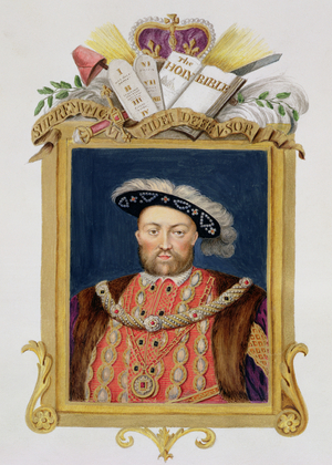 Portrait of Henry VIII (1491-1547) as Defender of the Faith from 'Memoirs of the Court of Queen Elizabeth', after a portrait modelled on the Hans Holbein (1497/8-1543) fresco at Hampton Court, published in 1825 (w/c and gouache on paper)