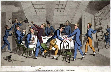 The Captain's Going out of the Ship - Gentlemen! plate from 'The Adventures of Johnny Newcome in the Navy' by John Mitford (1782-1831) engraved by W. Read, 1818 (litho)
