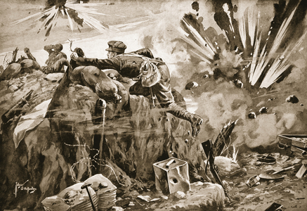 Private Jewson getting out of his trench under very heavy shell-fire to rescue the wounded and bring in the dead (litho)