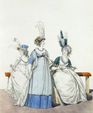 Evening Dresses for the Opera and Concerts, fig. 96, fig. 97 7 fig. 98 from 'The Gallery of Fashion', 1797 (coloured engraving)