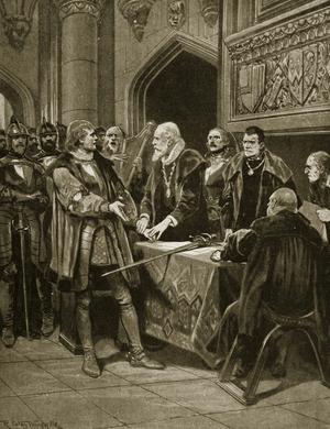 Lord Thomas Fitzgerald throws down his sword, illustration from 'Hutchinson's Story of the British Nation', c.1923 (litho)