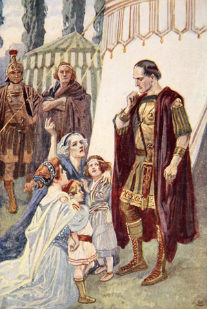 Venturia pleading with Coriolanus to call off his planned attack of Rome (colour litho)