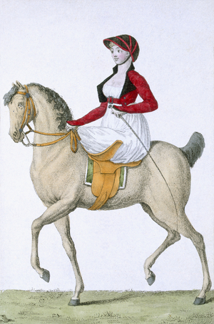 Lady riding sidesaddle, from 'Costumes Parisien', published in 'Journal des Dames et des Modes', 1798 (coloured engraving)