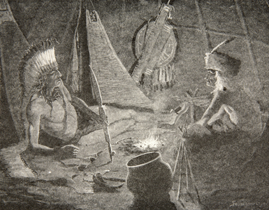 From his pouch he drew his peace-pipe,... Gave it to his guest, the stranger, from The Song of Hiawatha by Henry Wadsworth Longfellow (1807-82), pub. by George G. Harrap & Company Ltd., 1911 (litho)