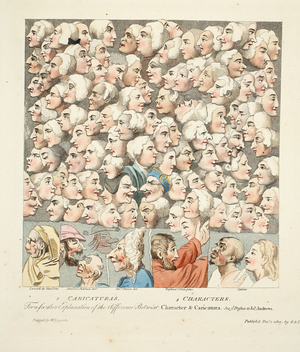Characters and Caricatures, published in April 1743, illustration from 'Hogarth Restored: The Whole Works of the celebrated William Hogarth, re-engraved by Thomas Cook', pub. 1812 (hand-coloured engraving)