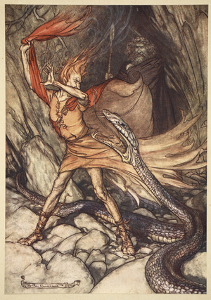 'Ohe! Ohe! Horrible dragon, O swallow me not! Spare the life of poor Loge!', illustration from 'The Rhinegold and the Valkyrie', 1910 (colour litho)