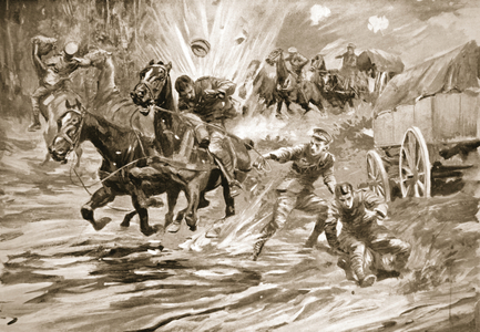 Sergeant Bostock attending to the wounded of a convoy of which he was in charge under heavy fire (litho)