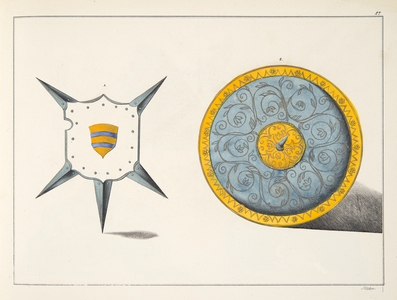 Shields, plate from 'A History of the Development and Customs of Chivalry', by Dr. Franz Kottenkamp, published by Carl Hoffmann, 1842 (colour litho)