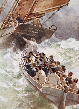 The survivors of HMS Formidable picked up by a Brixham trawler, Provindent, January 1915 (colour litho)
