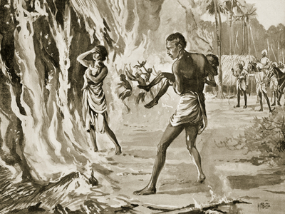 Villagers burning themselves to avoid the Pindharis, 1815, illustration from 'Hutchinsons History of the Nations', c.1910 (litho)