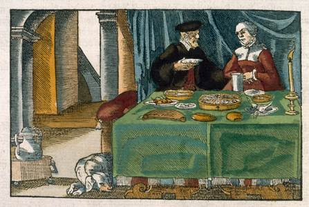 Supper table, from a German manuscript, c.1650 (hand-coloured engraving)