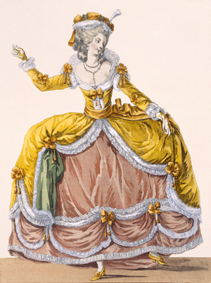 'Grande robe a la Sultane', plate no.167 from 'Galeries des Modes et Costumes Francais', c.1778-87 (coloured engraving) 99:clothing; traditional dress; traditional costume; fashion; illustration; c18th; fashionable; clothes; female; pink; red; yellow; gold; dancing;