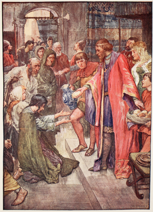 'The Good King Was To Be Seen Giving Food And Drink to the Folk', illustration from 'The Story of France' by Mary Macgregor, 1920 (colour litho)