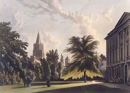 Exterior of Corpus Christi College and Christ Church Cathedral, illustration from the 'History of Oxford', engraved by Joseph Constantine Stadler (fl.1780-1812) pub. by R. Ackermann, 1813 (aquatint)