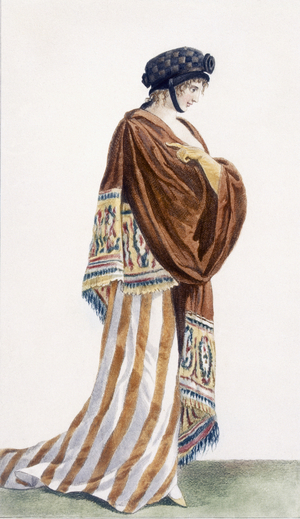 Ladies Dress with Velvet Shawl, illustration from 'Journal des Dames et des Modes', 1799 (coloured engraving)