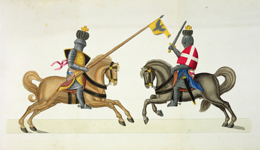 Two knights at a tournament, plate from 'A History of the Development and Customs of Chivalry', by Dr. Franz Kottenkamp, published by Carl Hoffmann, 1842 (colour litho)