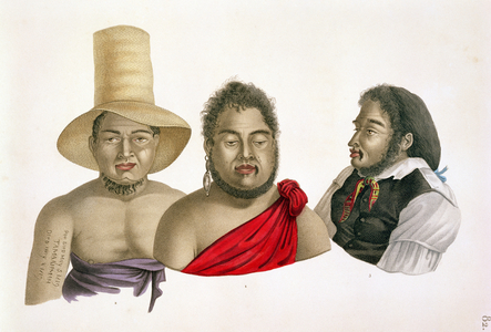 Portraits of chiefs of the Sandwich Islands, from 'Voyage autour du Monde (1817-20)', by Louis Claude Desaulses de Freycinet (1779-1842) engraved by A. Migneret, published 1822-24 (colour litho)