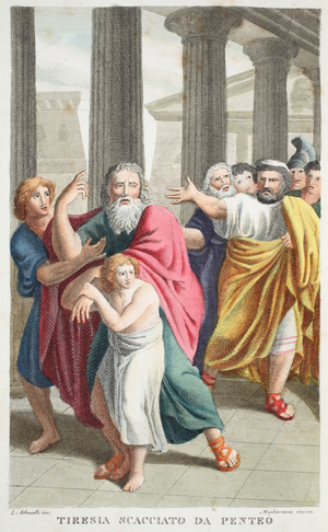 Tiresias dismissed by Pentheus or Tirenia Scacciato da Penteo, Book III, illustration from Ovid's Metamorphoses, Florence, 1832 (hand-coloured engraving)