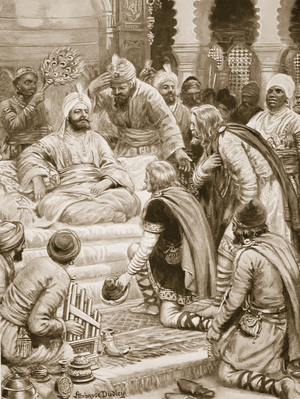 Harun al-Rashid receiving an embassy from Charles the Great, illustration from 'Hutchinson's History of the Nations' (litho)
