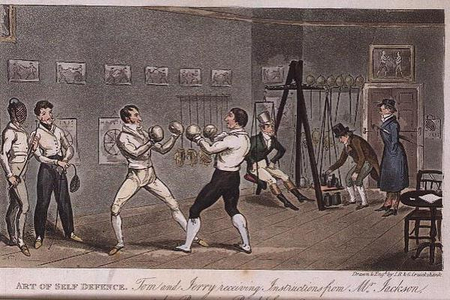 Art of Self Defence: Tom and Jerry receiving instructions from Mr Jackson, from 'Life in London' by Pierce Egan, 1821 (coloured aquatint)