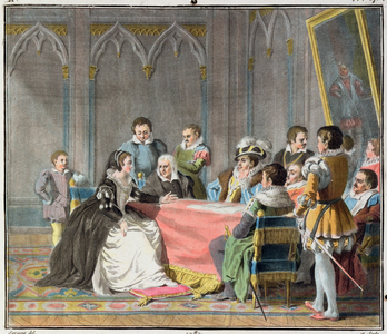 Marguerite de Valois (1553-1615) in front of the Spanish Inquisition, 1787 (coloured engraving)
