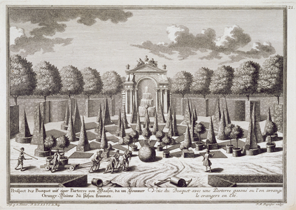 A parterre with orange trees in the garden of the Lichtenstein Palace, Vienna, engraved by Franz Michael Regenfus (c.1712-80), published c.1724-37 (engraving)