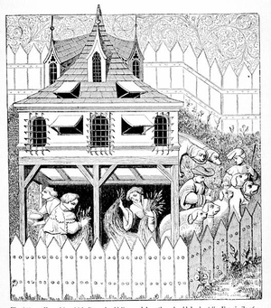 Kennel in which dogs should live, after a miniature in the manuscript of Gaston de Foix (litho) (b/w photo)