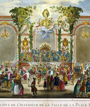 Perspective View of the Interior of the Room of the Place Dauphine (detail of 101863) (colour engraving)
