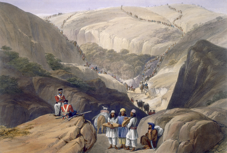 The First Descent Through the Koojah Pass, from 'Sketches in Afghaunistan', engraved by Charles Haghe (1810-88) and Louis Haghe (1806-85) published by Henry Graves, 1842 (colour litho)